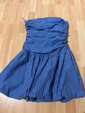 Wayf Blue and White Strapless Bubble Hem Dress